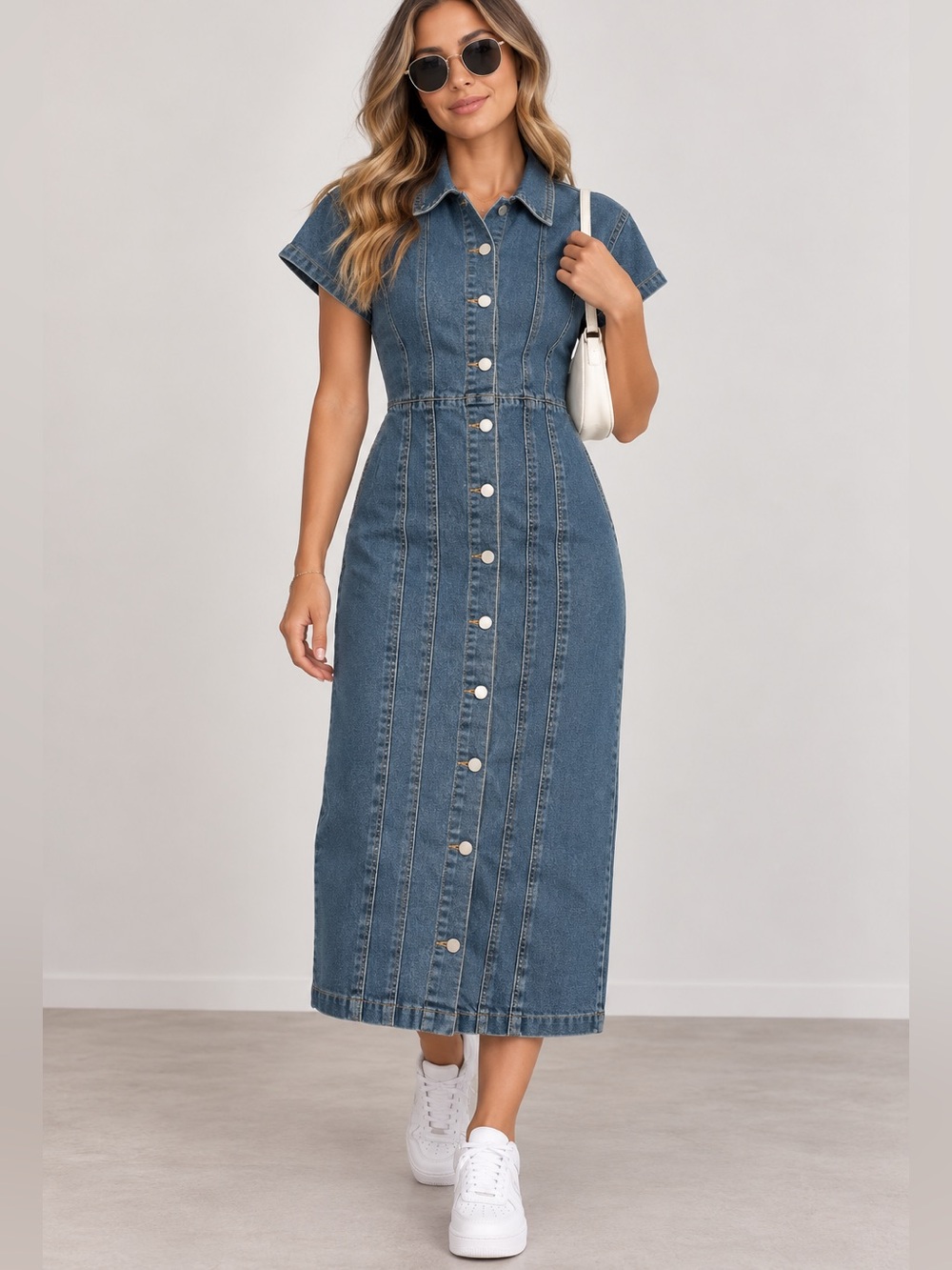 066.New Classic Button-Front Denim Midi Dress - Blue stretchy